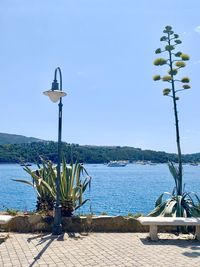 Street light by sea against clear blue sky