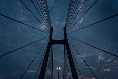 Low angle view of suspension bridge against cloudy sky