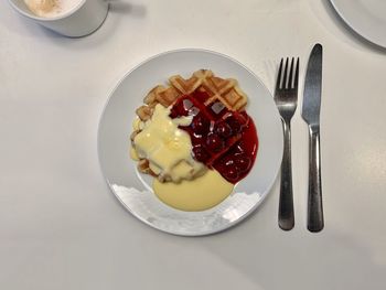 High angle view of breakfast served on table