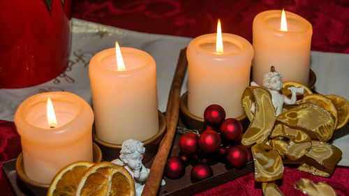 High angle view of candles on table