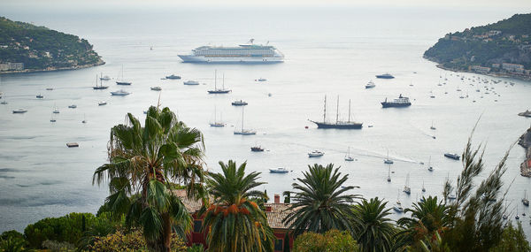 High angle view of boats sailing in sea