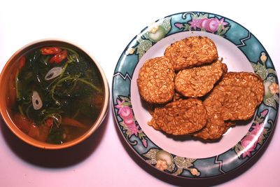 High angle view of breakfast in plate on table