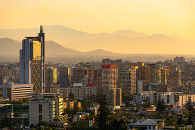 Elevated view of downtown santiago de chile at sunset.