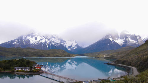 Scenic view of lake and snowcapped mountains against sky