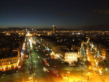 High angle view of city street at night