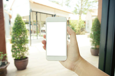 Cropped image of woman holding phone against window