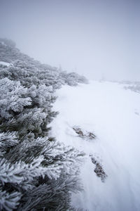 Aerial view of snow covered landscape against clear sky