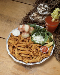 High angle view of food in plate on table