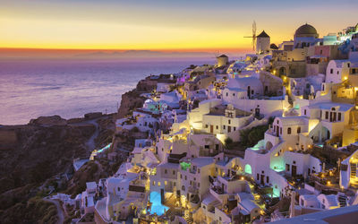 High angle view of townscape against sky during sunset