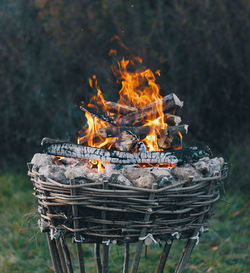 Close-up of fire burning in basket