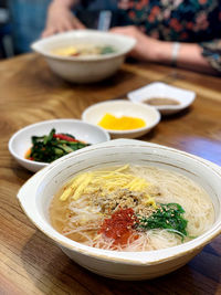 High angle view of soup in bowl on table