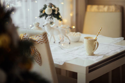 High angle view of christmas decoration on table