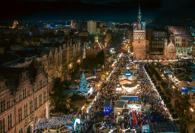 Christmas market in gdansk at night from above