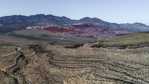 Scenic view of landscape and mountains against clear sky