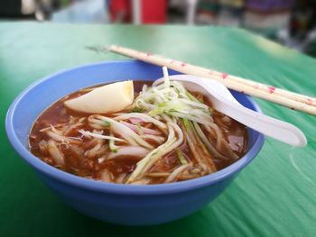 Close-up of soup in bowl on table