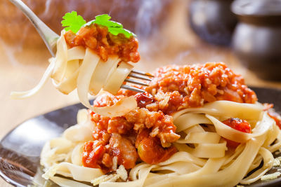 Close-up of pasta served in plate