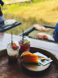 High angle view of drink in glass on table