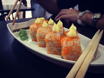 Close-up of sushi served in plate