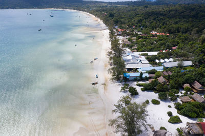 High angle view of lake by buildings