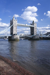 View of suspension bridge over river