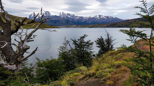 Scenic view of lake and mountains against sky