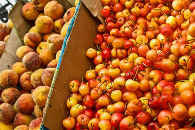 High angle view of fruits for sale at market stall