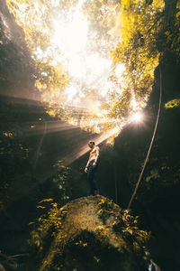 Man on rock against trees in forest