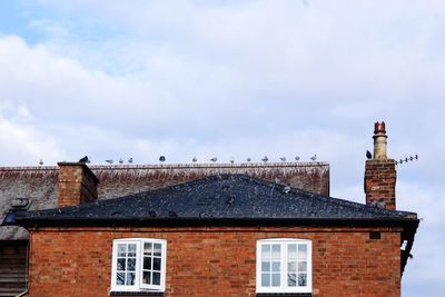 Low angle view of birds perching on building roof against sky