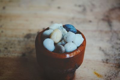 High angle view of fruits in container on table