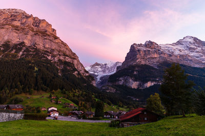 Scenic view of mountains against sky during sunset