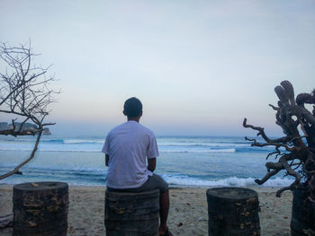 Rear view of man looking at sea against sky