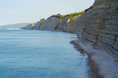 Scenic view of sea and mountains against sky