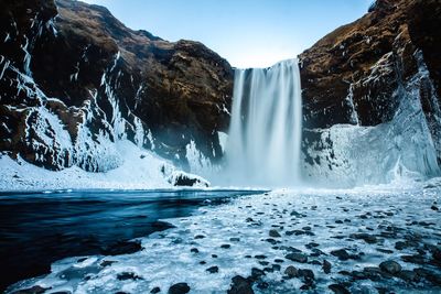 Scenic view of waterfall against clear sky