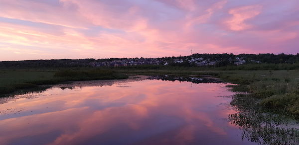 Scenic view of lake against sky during sunset