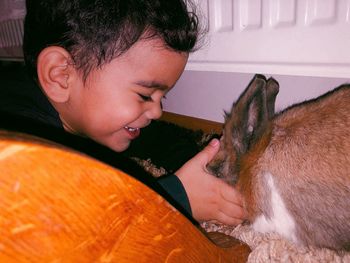 Close-up of cute boy playing with rabbit at home