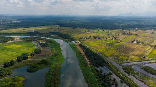 High angle view of agricultural field against sky