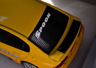 High angle view of yellow text on car