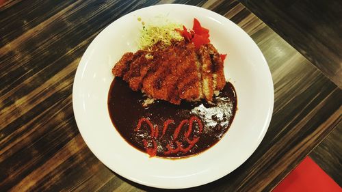 High angle view of food served in plate