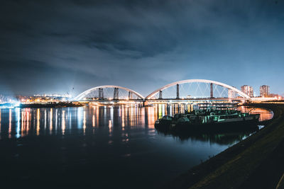 Bridge over river against sky at dusk