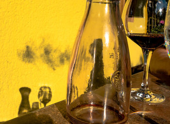 Close-up of wine bottles on table