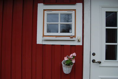 Closed red door of building