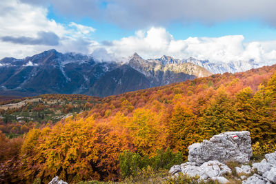 Scenic view of mountains against sky during autumn