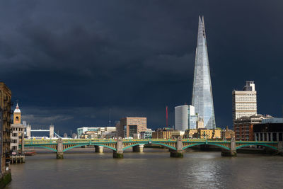 Bridge over river with buildings in background