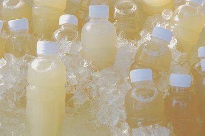 Close up of drinks in ice