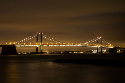 Illuminated suspension bridge over river at night