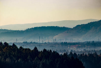 Panoramic shot of trees on landscape against sky during sunset