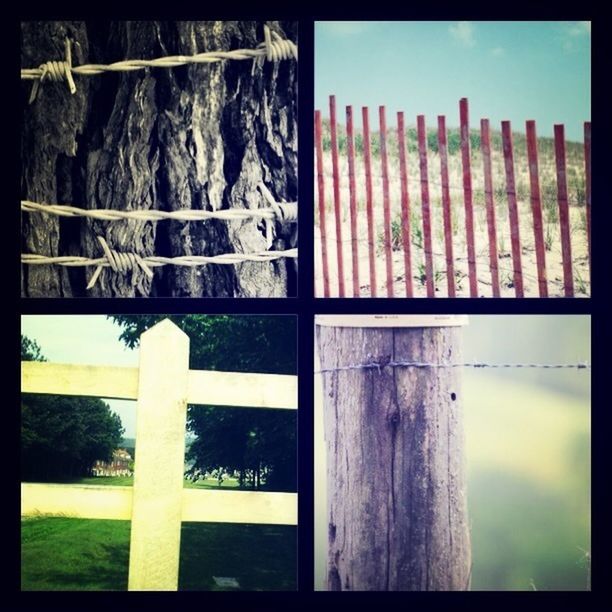 transfer print, fence, auto post production filter, safety, protection, wood - material, wooden, security, closed, built structure, metal, wood, gate, day, architecture, sunlight, close-up, outdoors, no people, railing