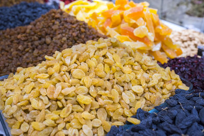 Raisin of different types. close up of dried fruits, natural products