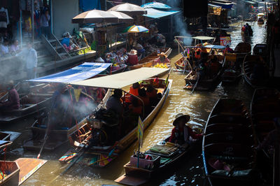 High angle view of people at floating market 