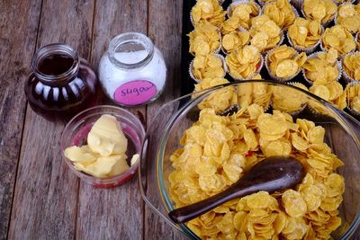 High angle view of breakfast on table